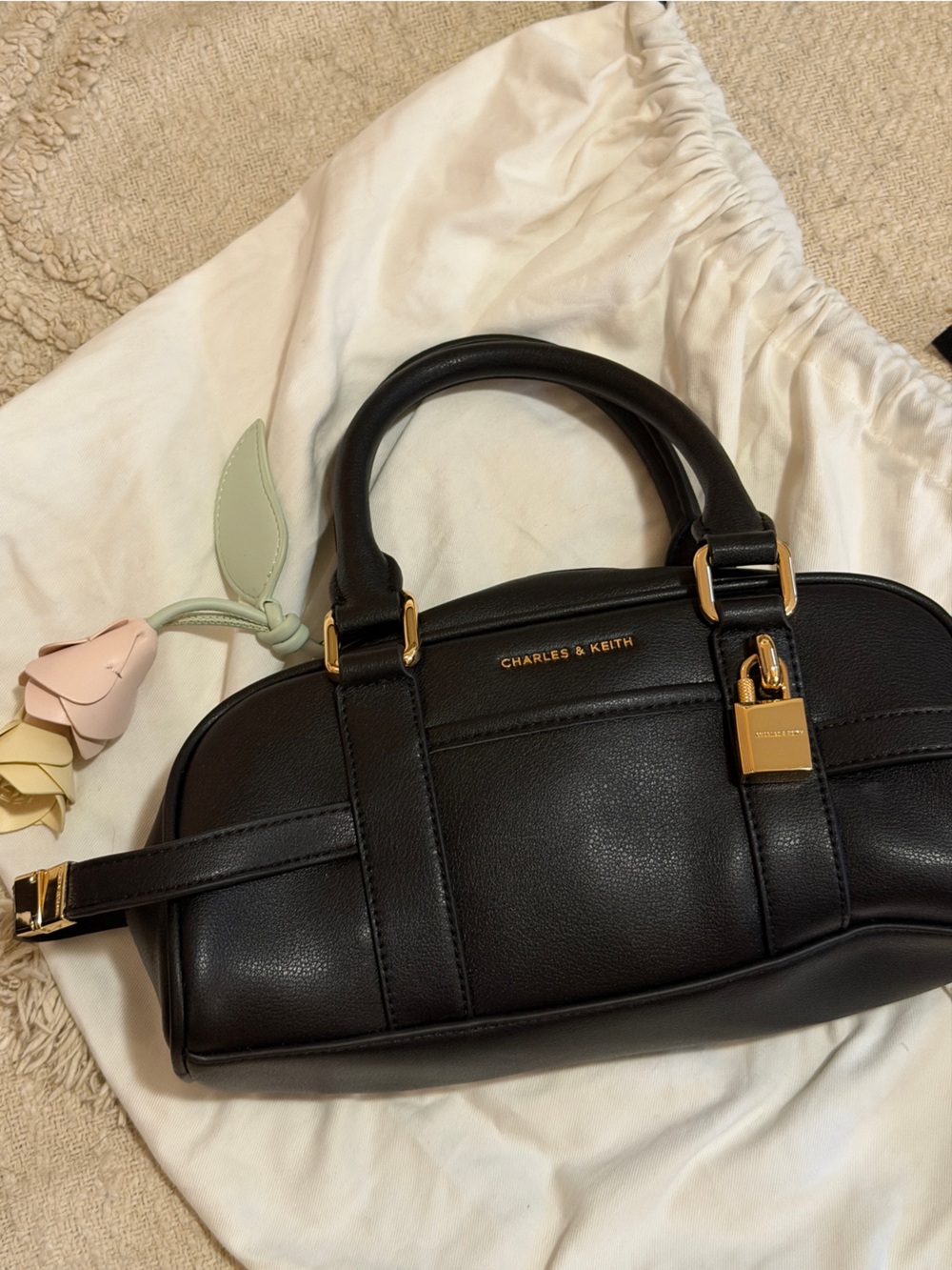 CHARLES & KEITH Black Satchel with Gold Hardware